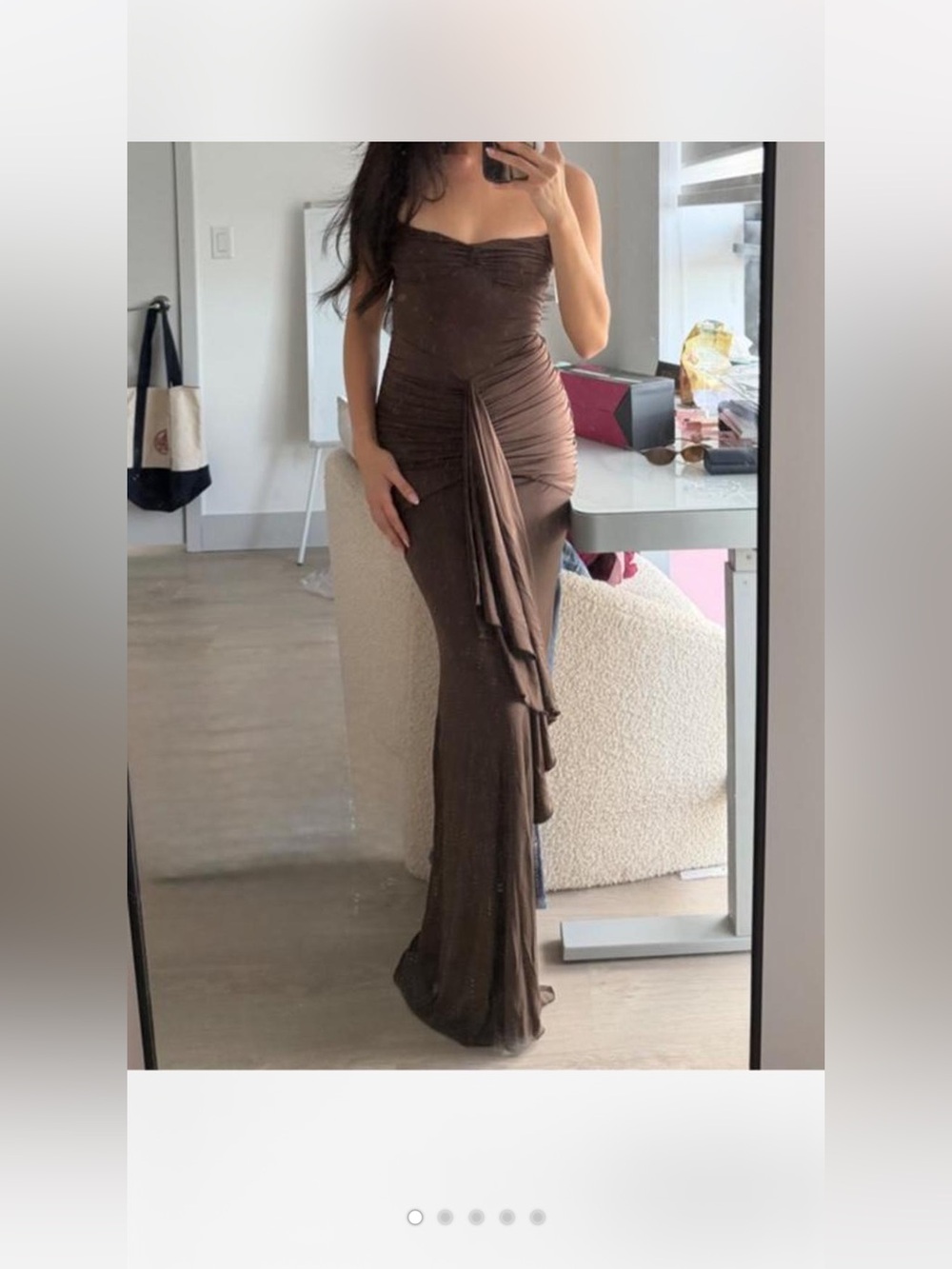 Lovers + Friends Strapless Brown Ruched Gown with Draped Front